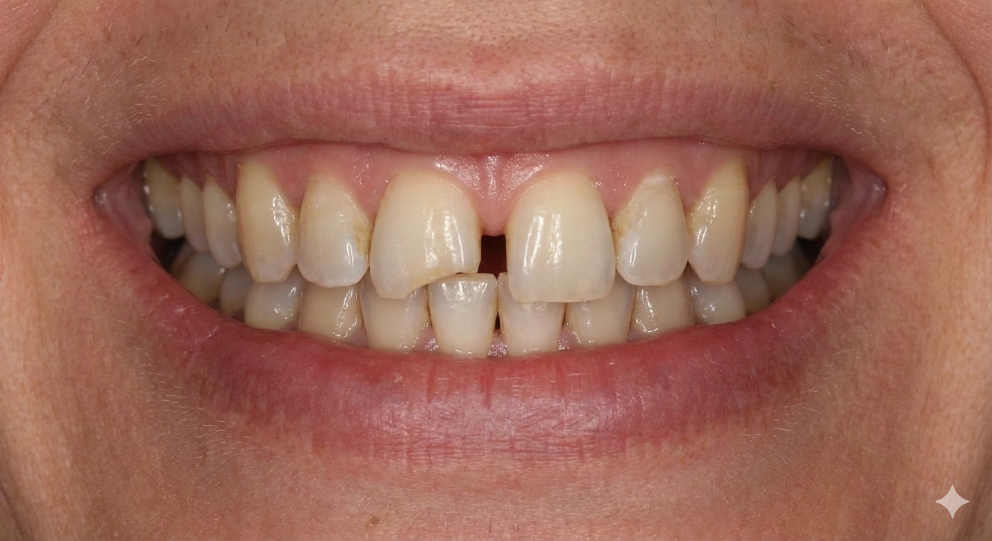 Before treatment image highlighting teeth discoloration and gaps