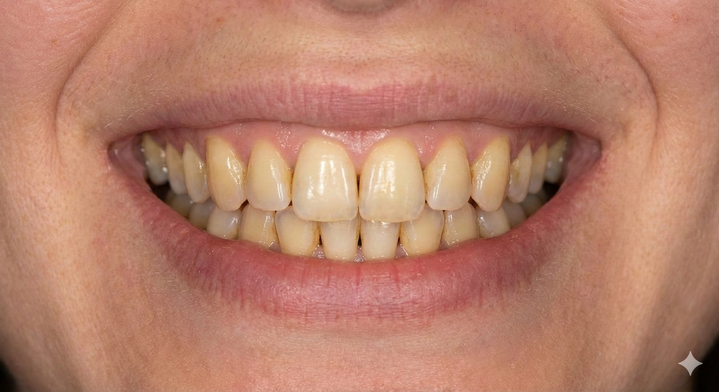 Before treatment image highlighting teeth discoloration and gaps