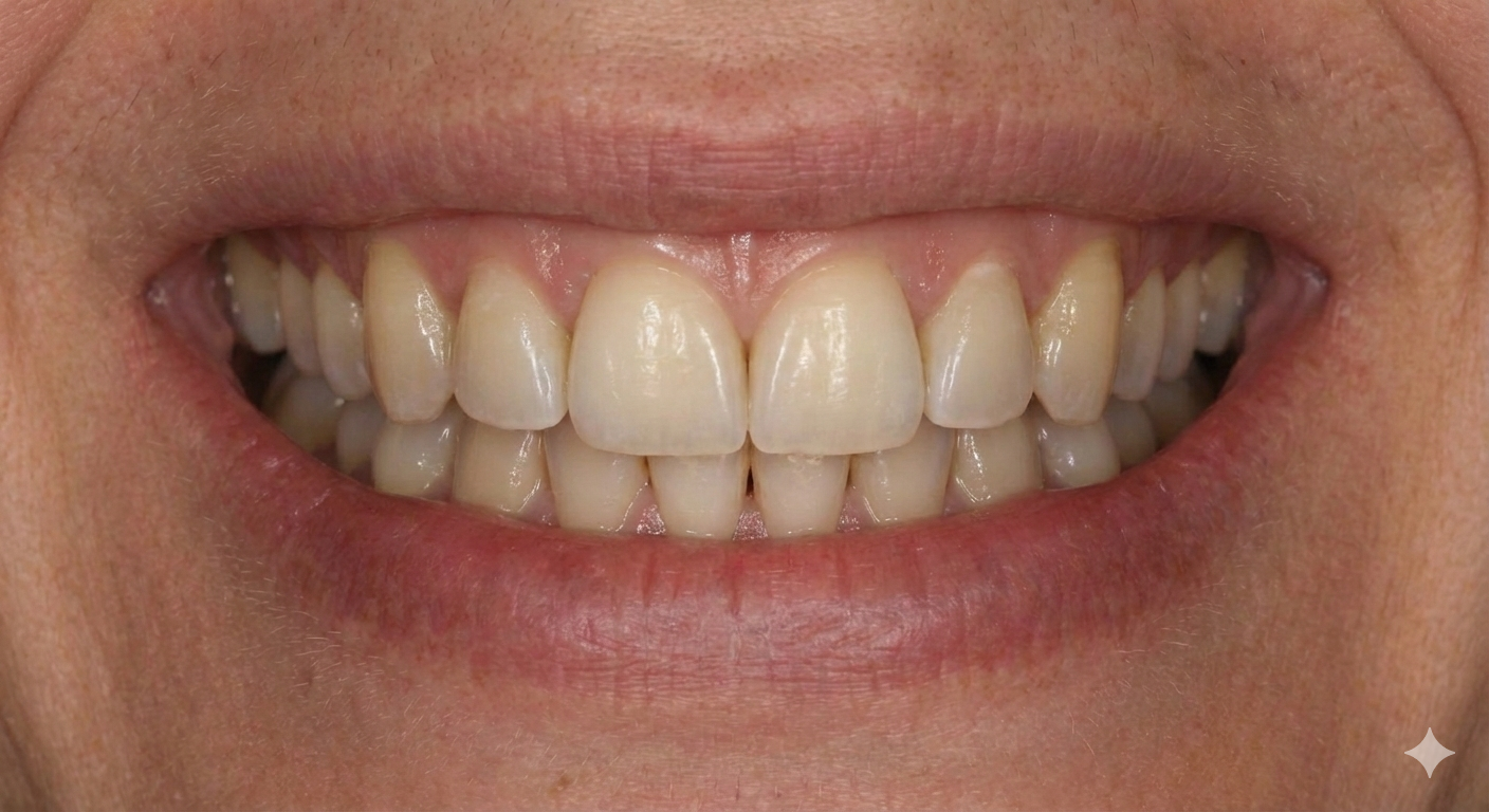 After treatment image showcasing whiter teeth and closed gaps