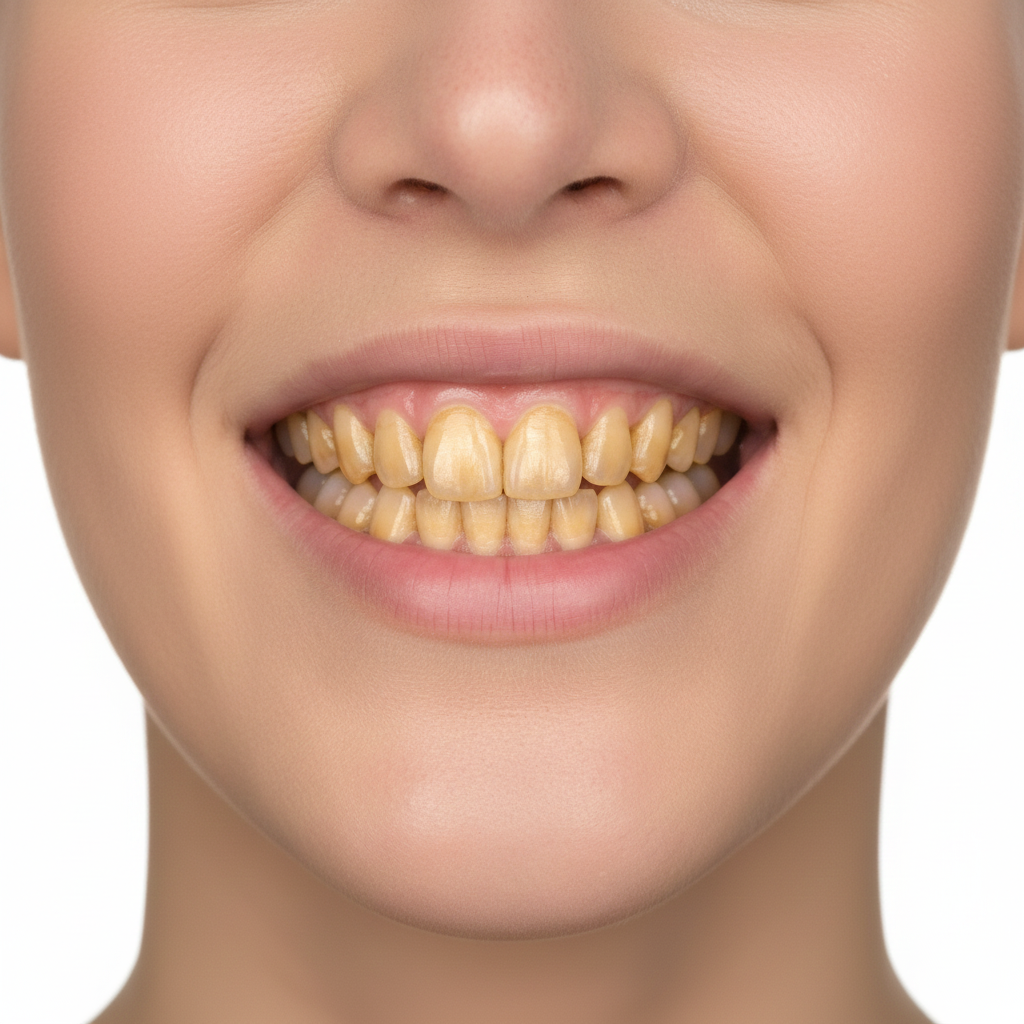 Before treatment image highlighting teeth discoloration and gaps