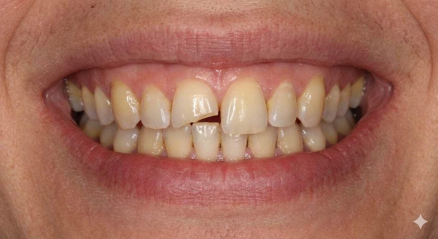 Before treatment image highlighting teeth discoloration and gaps